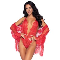 Elegant Red Lace Teddy and Robe Set for Romance