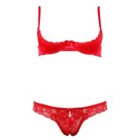 Conjunto de Sujetador Abierto de Encaje Rojo para Noches Seductoras