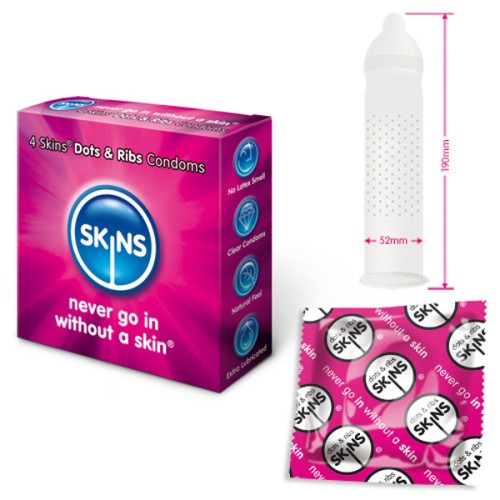 Condones Skins Puntos y Relieves 4 Pack