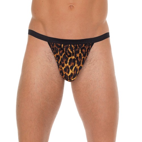 Mens Black G-String with Leopard Print Pouch