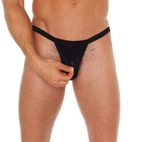 Men's Black Pouch G-String with Zipper - Unique Design