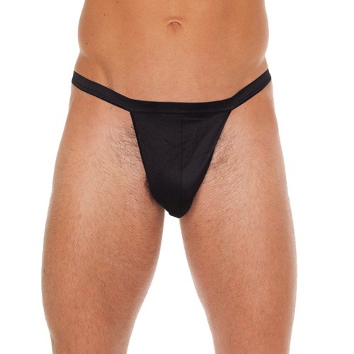 Mens Black Straight G-String with Black Pouch