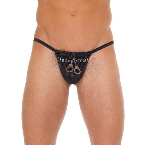 Men's Black G-String with Fun Handcuff Pouch