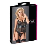 Black Powernet Suspender Basque with G-String Medium - Lingerie Set