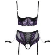 Cottelli Quarter Cup Bra and Suspender Briefs Set with Handcuffs